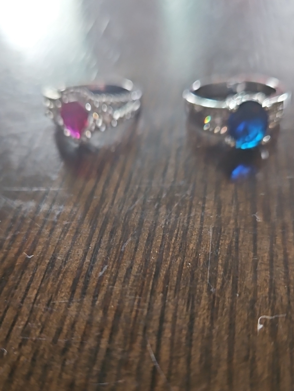 Silver Tone Rings with Blue and Pink Gemstones